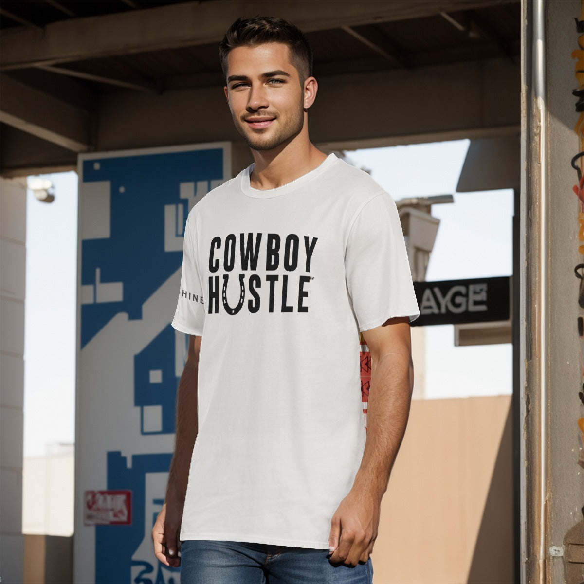 Close-up detail of Cowboy Horseshoe HUSTLE All-Over Print Men's O-Neck T-Shirt highlighting the horseshoe in the 'HUSTLE' design.