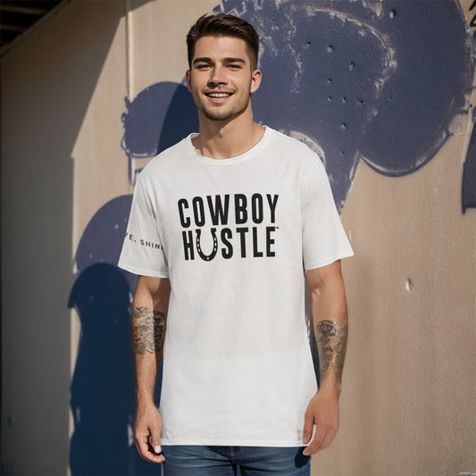 Front view of Cowboy Horseshoe HUSTLE All-Over Print Men's O-Neck T-Shirt featuring a unique horseshoe design.