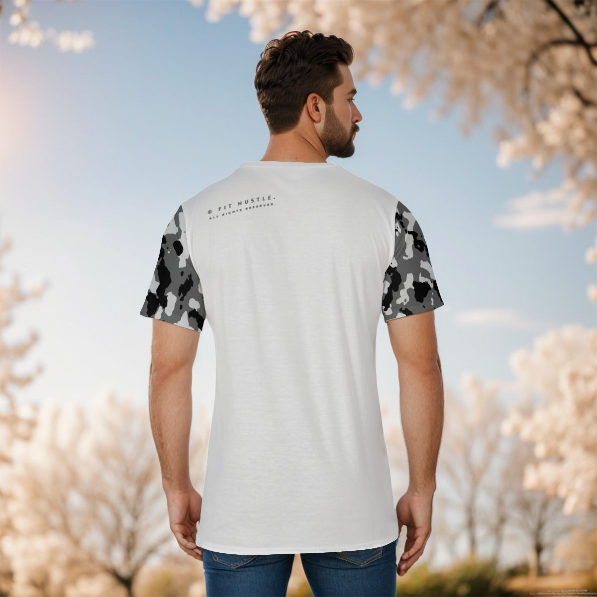 Back view of the Rodeo Hustle™ Camouflage Sleeve T-Shirt showcasing its camouflage design.