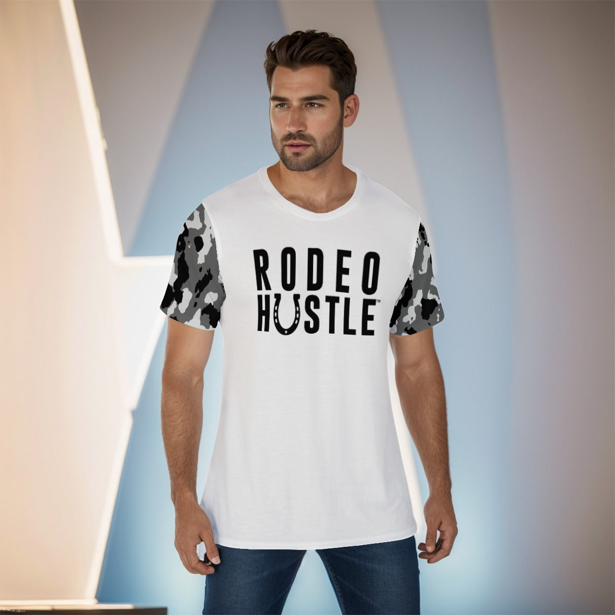 Lifestyle image of the Rodeo Hustle™ Camouflage Sleeve T-Shirt, perfect for outdoor enthusiasts.