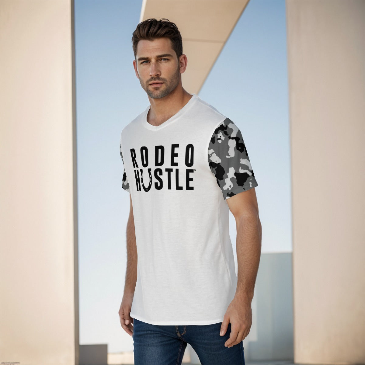 The Rodeo Hustle™ Camouflage Sleeve T-Shirt showcasing its camouflage design.