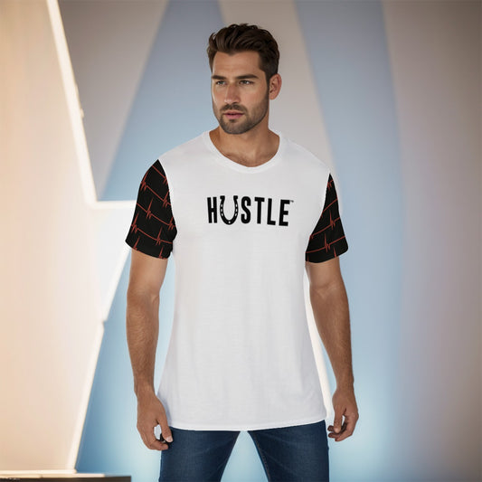 Front view of the Lucky Horseshoe HUSTLE T-Shirt with a horseshoe replacing the 'U' in 'HUSTLE'.